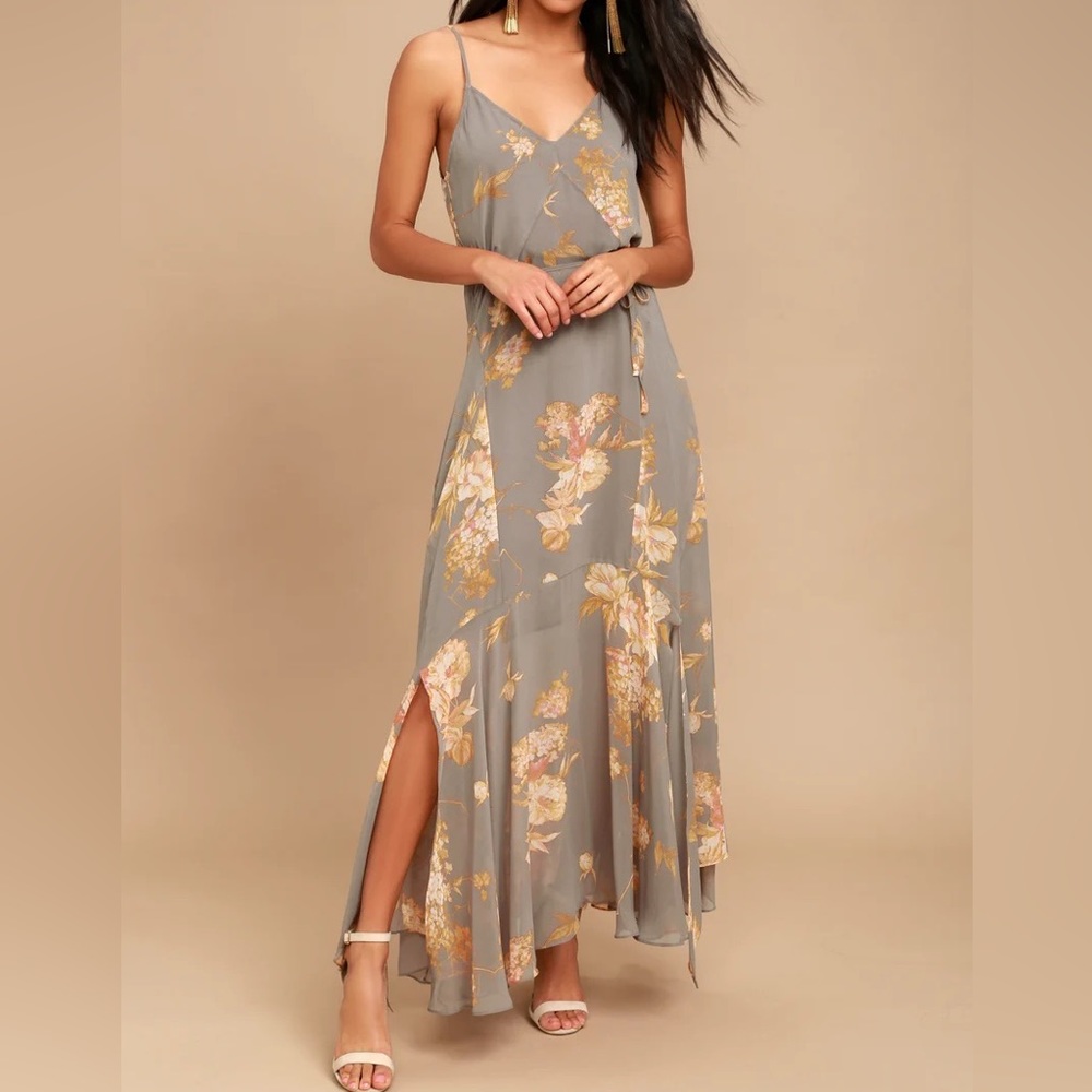 LULU’S Feeling Freesia Grey Floral Print Maxi Dress Size XS